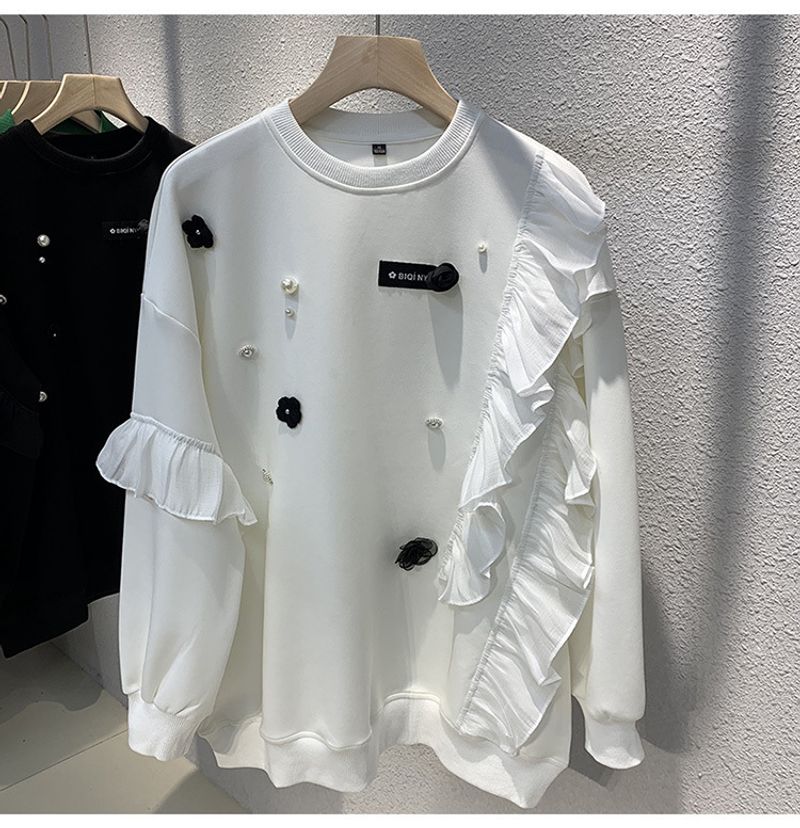 Maglione sottile con arricciature e cuciture da donna, autunno, nuovo, pesante, perla, nicchia, top largo_voghion.com