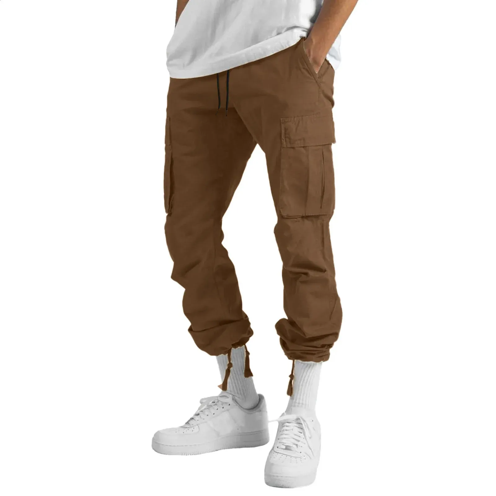 Calças para homens comprimento total cor sólida solta vários bolsos bolsos com cordão calças cargo masculinas 3XL 240813_voghion.com
