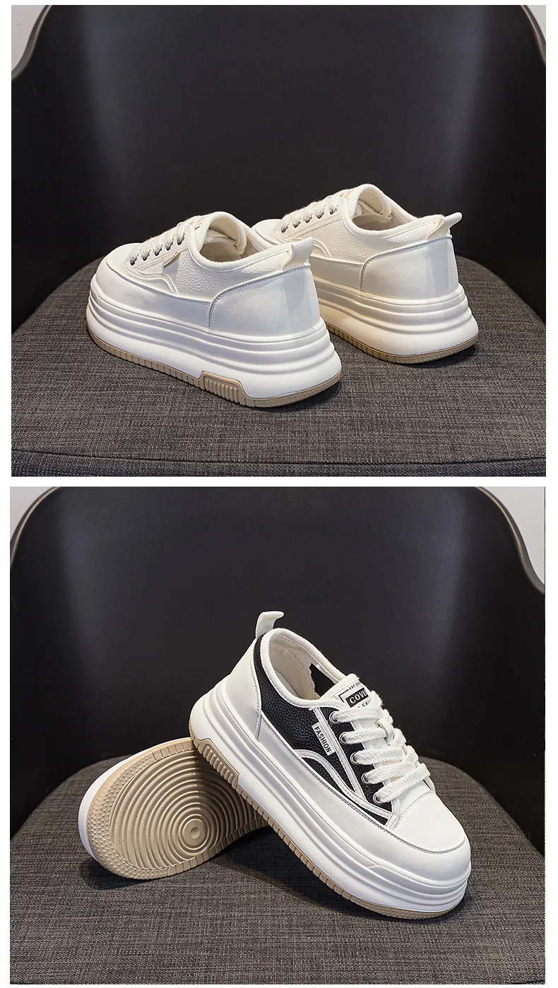 Genuine Leather Thick Sole Round Toe Raised Small White Casual Comfortable Trendy And Versatile Women Board Shoes_voghion.com