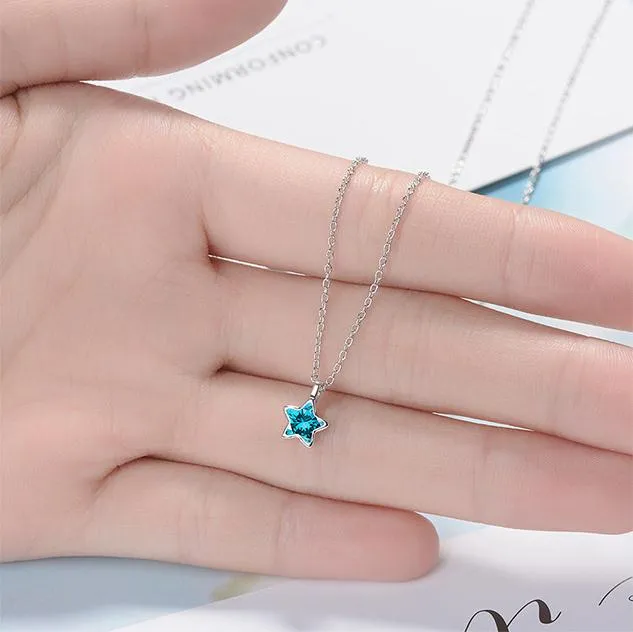 Ankunft Sterling Silber Mode Blau Kristall Stern Damen Ketten Halsketten Frauen Mädchen Schmuck Kurze Kette Geschenk Kein Verblassen_voghion.com