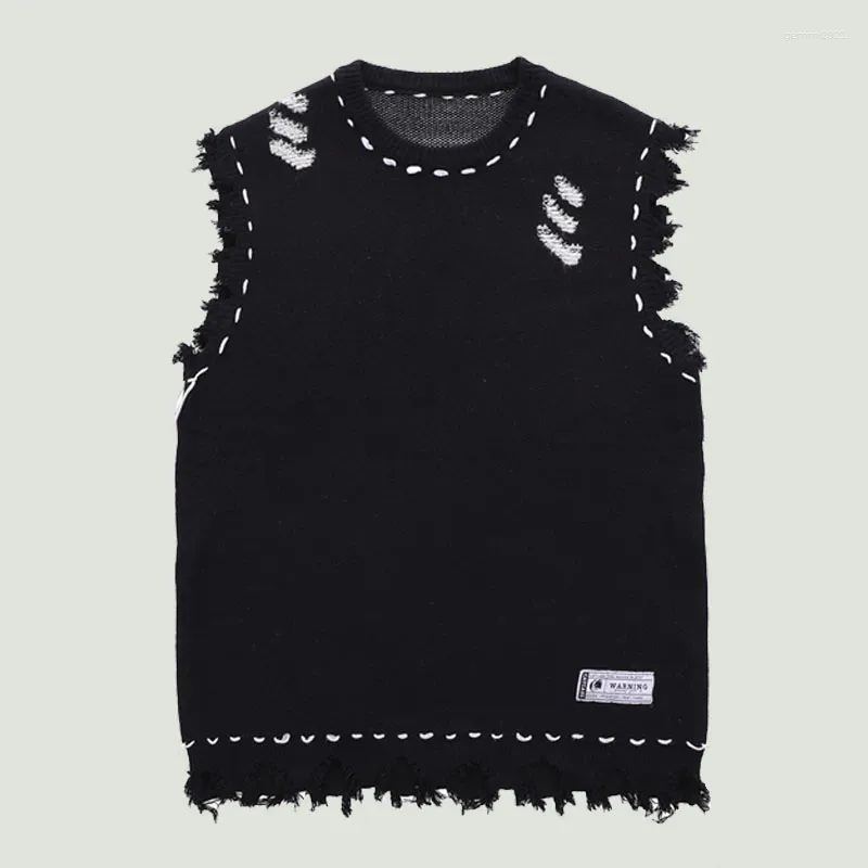 Men's Vests Mens Distressed Knitted Sweater Vest Streetwear Vintage Haruku Hole Fringed Sleeveless Oversized Casual_voghion.com