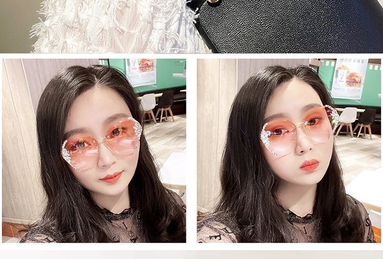 Occhiali da sole famosi in Internet con diamanti per donna con un viso grande e snello, piccoli cristalli senza montatura resistenti ai raggi UV_voghion.com