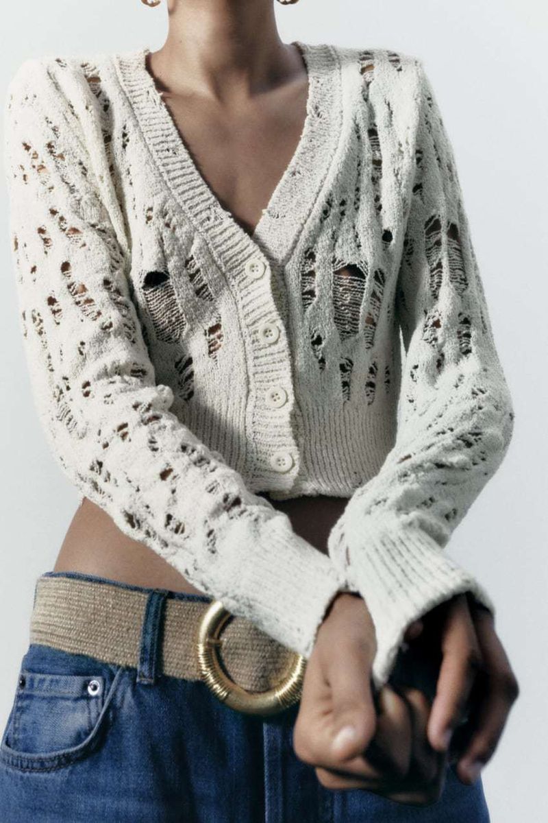 Women's white V-neck holes to do old sweater coat routine hollow-out single-breasted long-sleeved cardigan_voghion.com