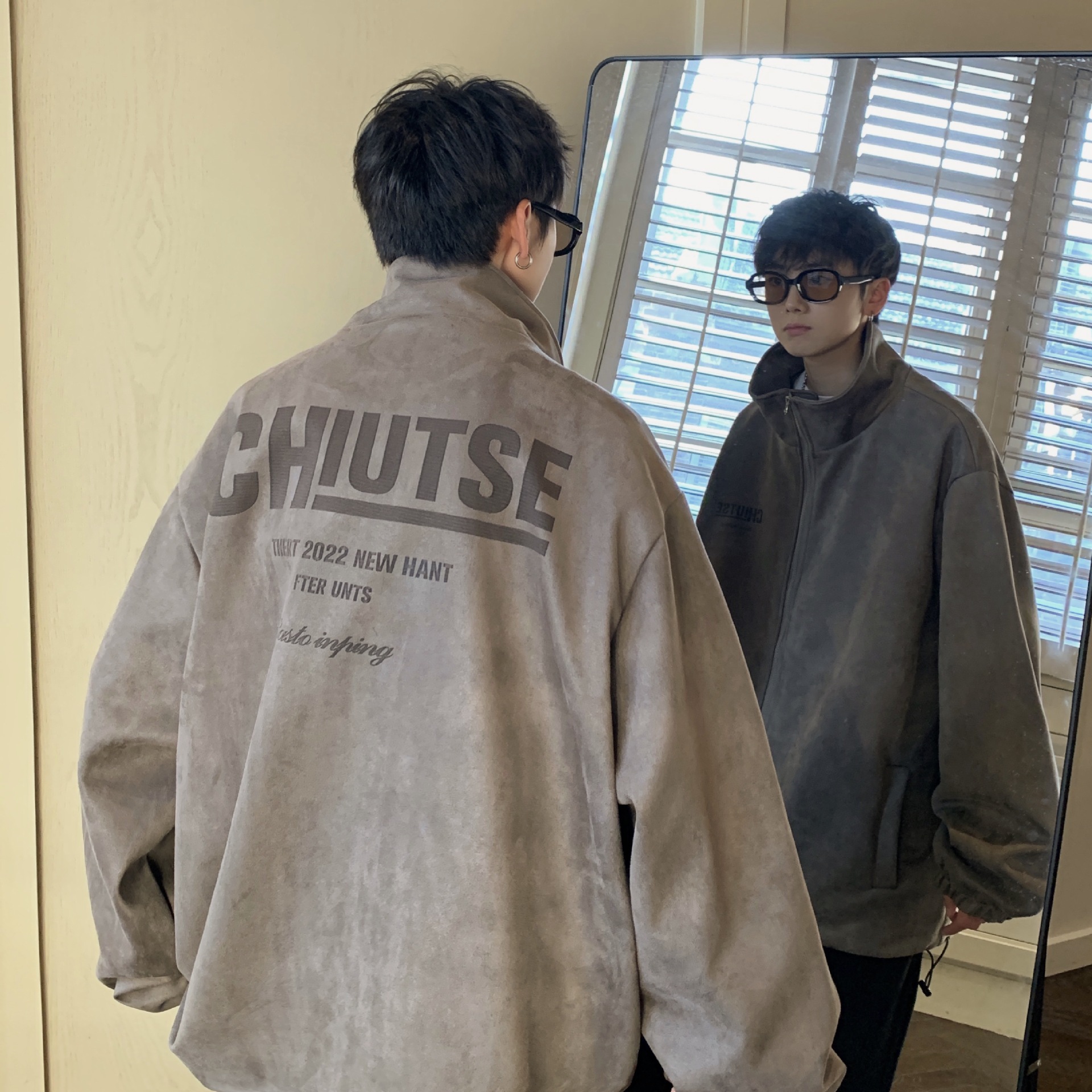 American Heavy Deerskin Fleece Jacket Men's Loose Bomber Jacket Lapel Couple_voghion.com