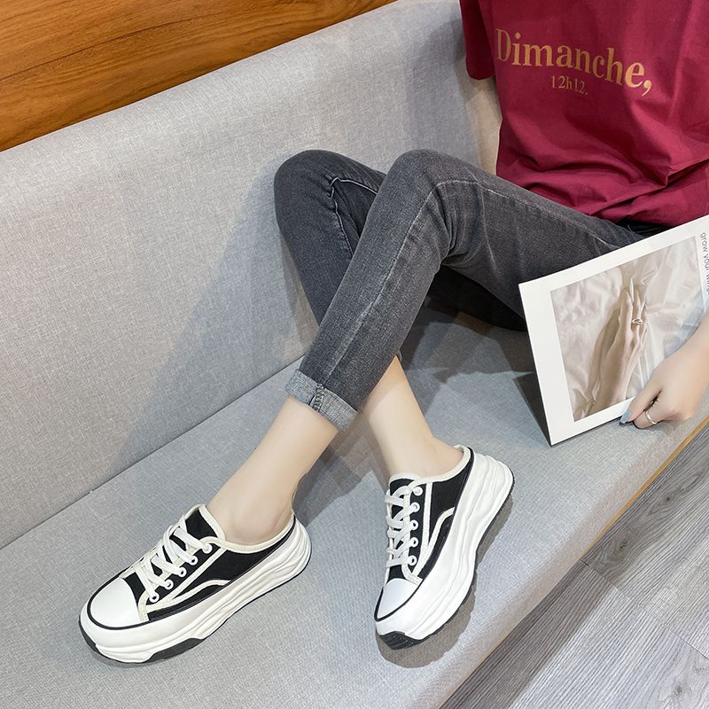 Pantofole casual in tela con lacci e stile Baotou, metà nuovo, primavera-autunno, moda donna 2023_voghion.com