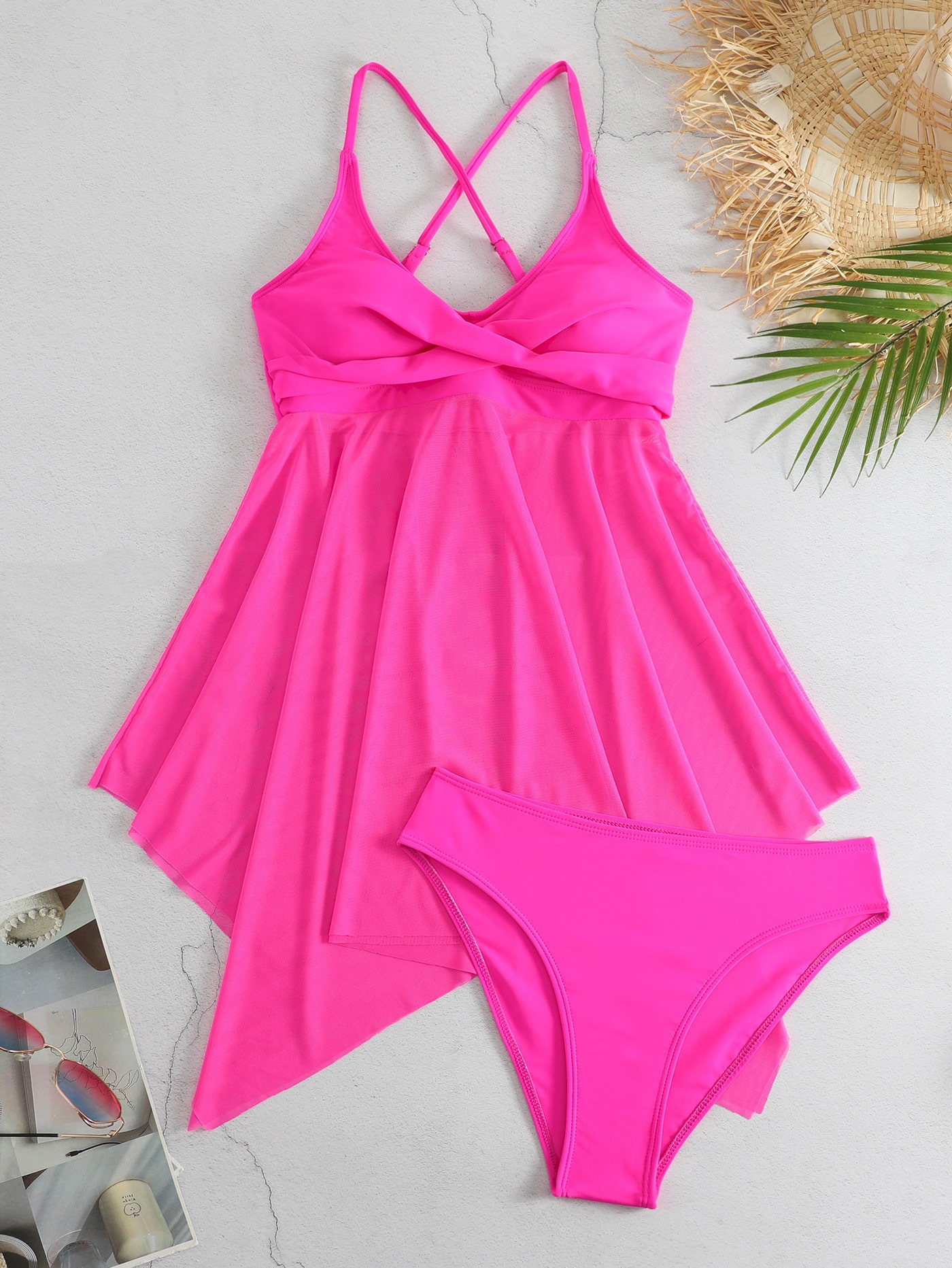 Dames Gauze Split Body High Waisted Mesh Badpak, Cross Top, Dubbele Schouderband_voghion.com