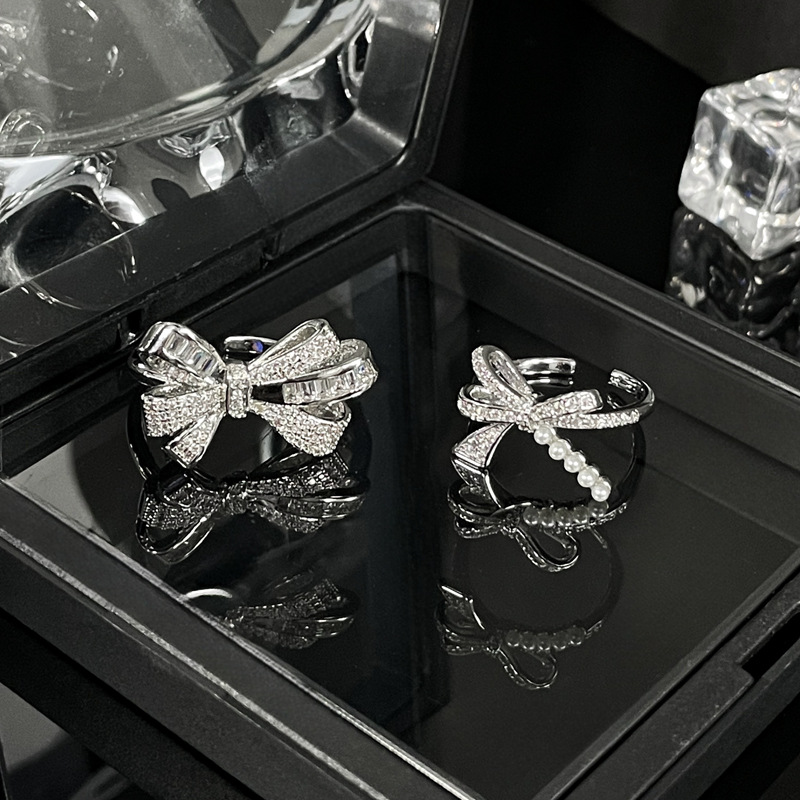 High end Light Luxury Full Diamond Zircon Bow Sweet Cool Open Female Instagram Cold Elegant Elegance Small and Popular_voghion.com