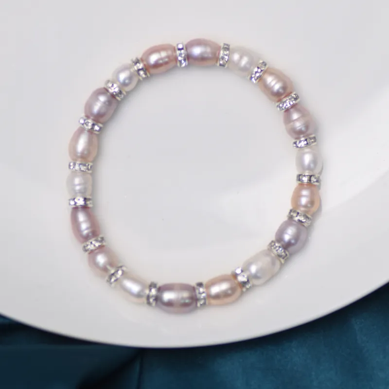 Bracelets à maillons en perles d'eau douce naturelles, bracelet élastique de couleurs mélangées, de haute qualité, fait à la main, élégant, à la mode pour femmes_voghion.com