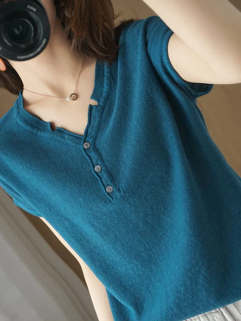 Hot sælgende 2024 Kortærmet Dame T-shirt Knap V-hals Bomuld Hør Løs T-shirt til Kvinder Basic Solid Casual Top T-shirts Sommer_voghion.com