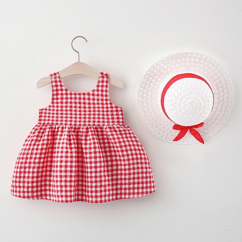 Sweet Baby Girl Tank Dress Fashion Checkered Pattern Dress Sleeveless Bow Dress Send Hat_voghion.com