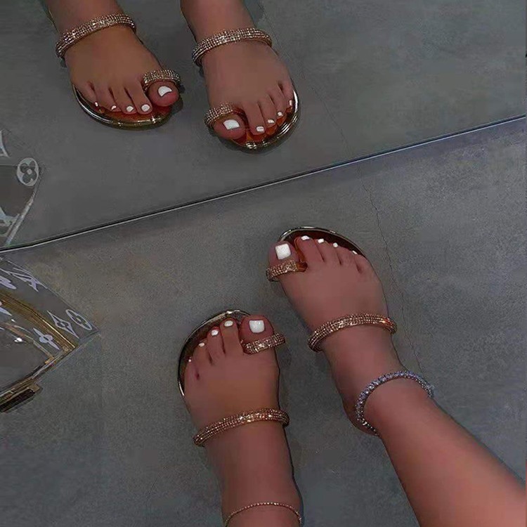 Women's fashion rhinestone flat sandal set toe beach shoes_voghion.com