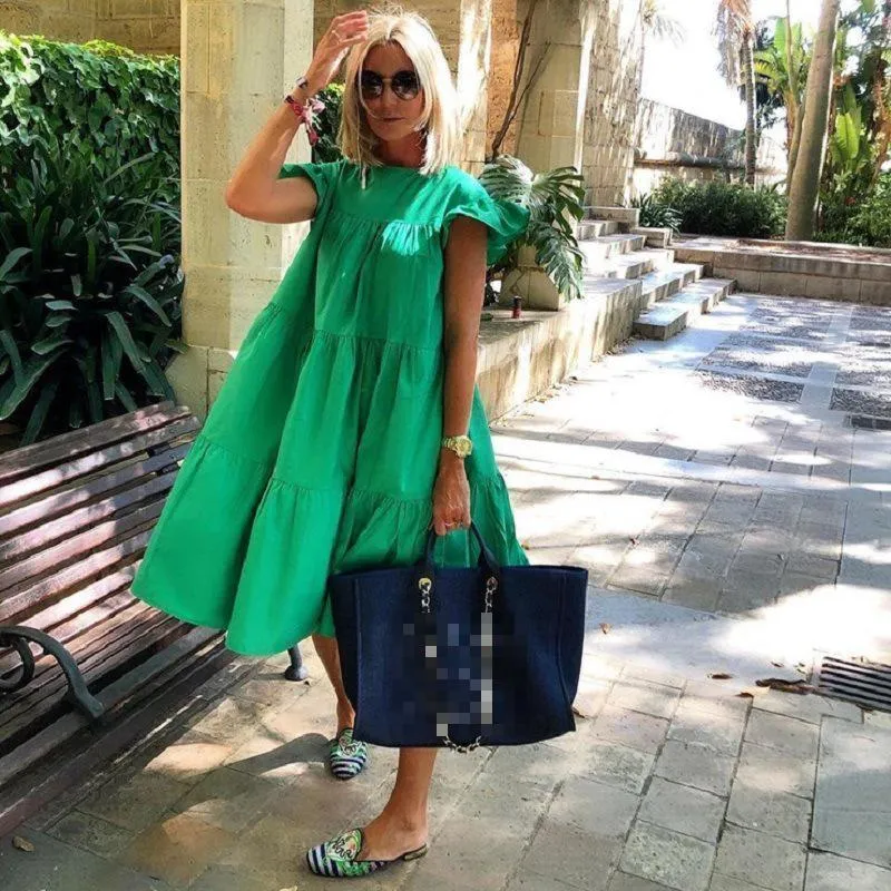 Dam boho sommarklänning veckad lång lös plus size vit_voghion.com
