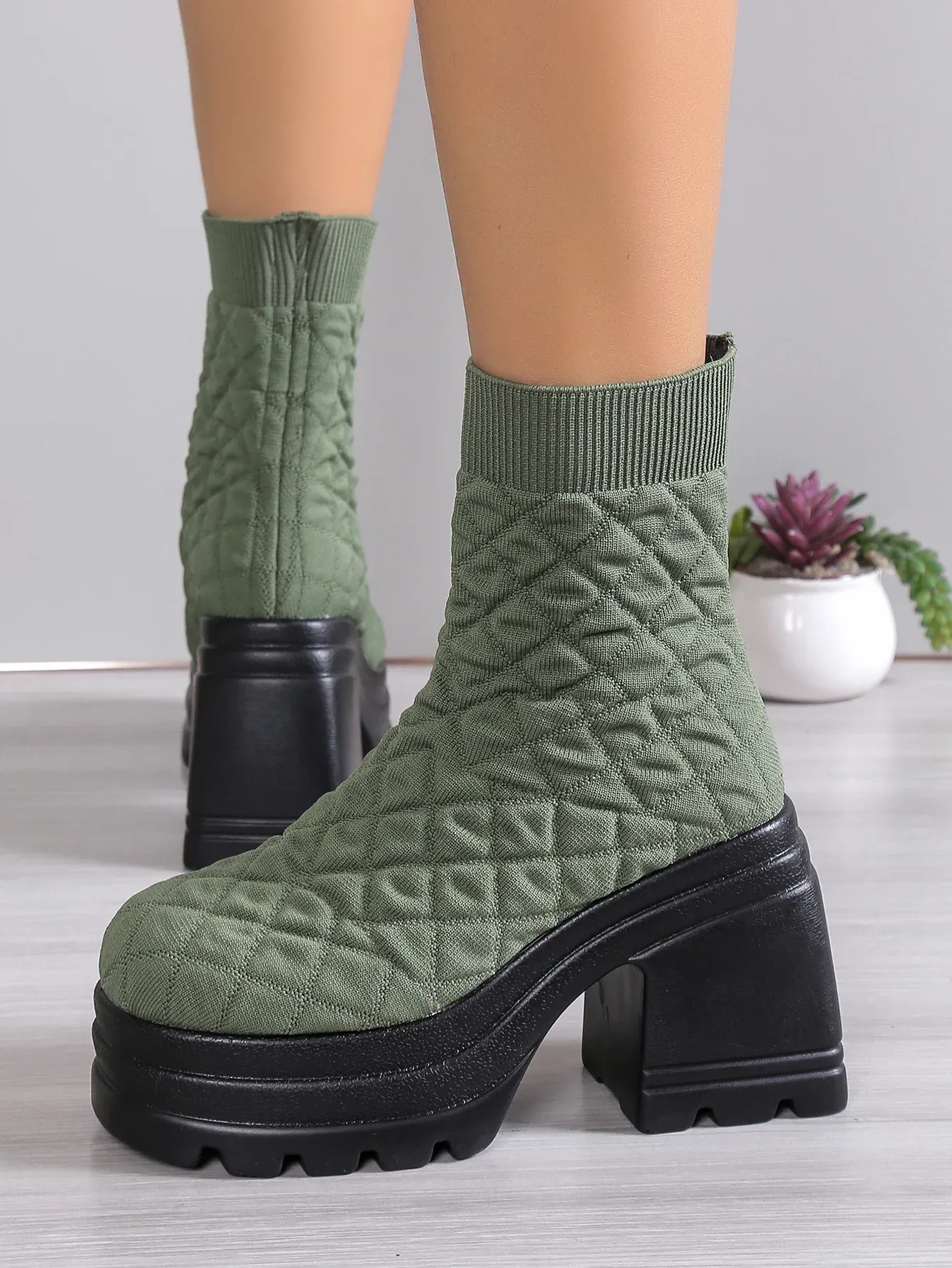 Frauen Stricken Chunky Winter Stretch Socken Stiefel Weibliche Herbst Mode Plattform Slip auf Square Heel Botas De Mujer_voghion.com