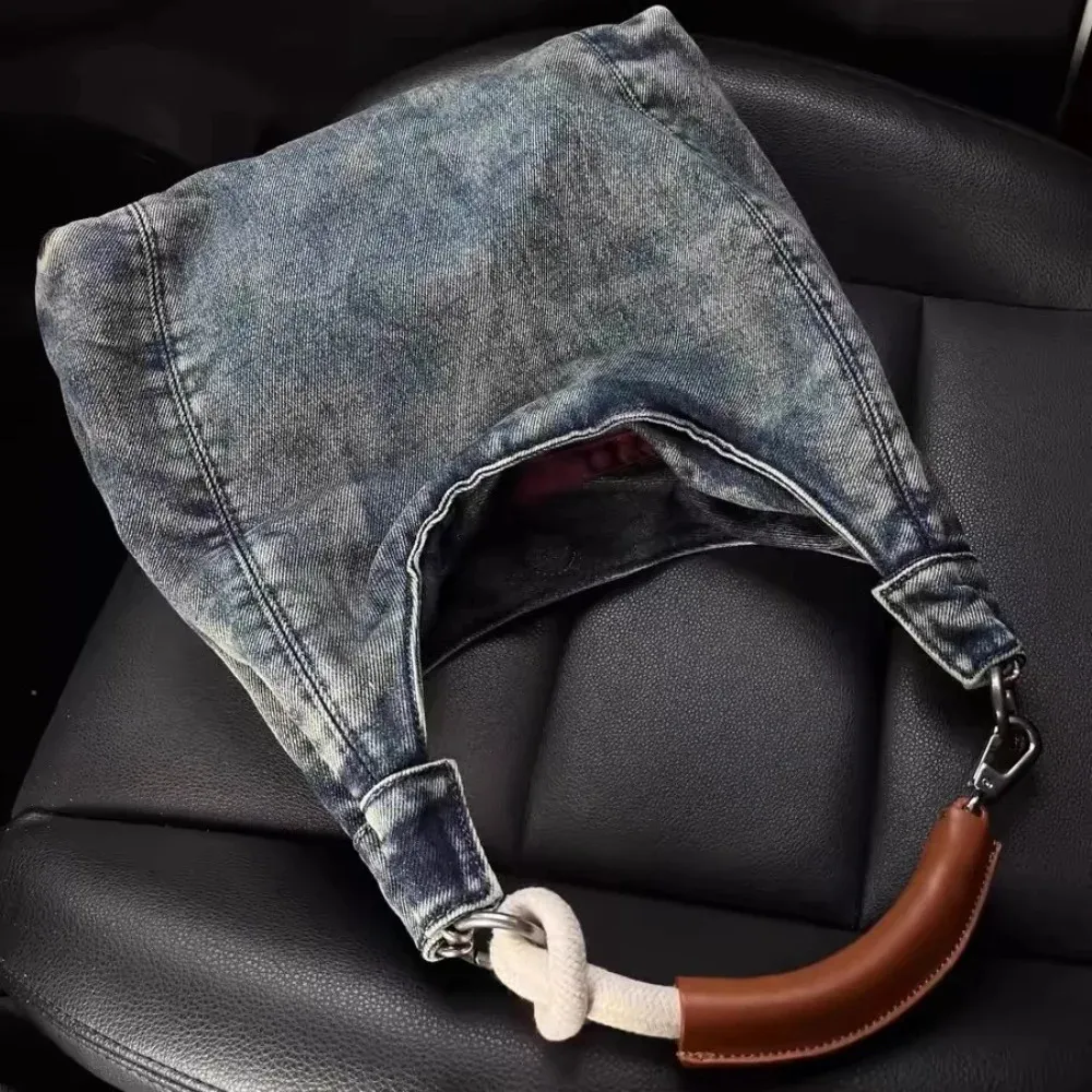 Borsa a tracolla retrò in denim per donna con manico in pelle sottobraccio, borsa da viaggio per il tempo libero di alta qualità, borsa hobo piccante alla moda 240823_voghion.com