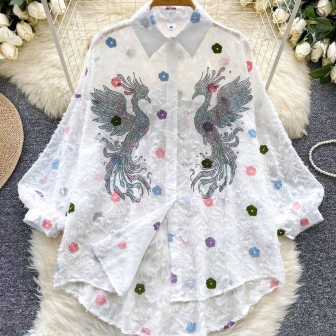 Women’s Clothing Autumn New Fashion Heavy Hot Diamond Flower Embroidery Loose Slim All Match Shirt