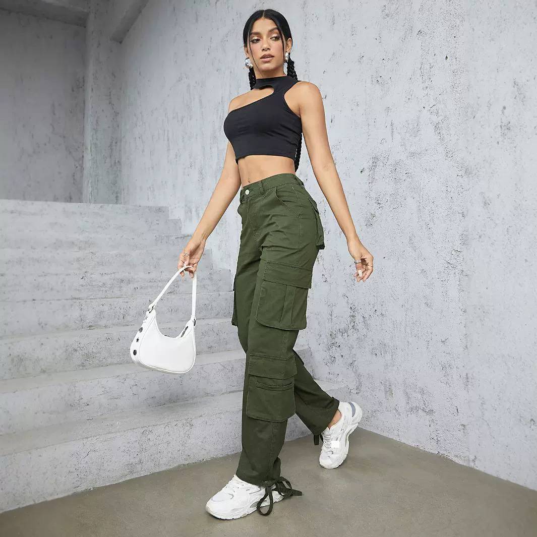 Pantaloni cargo donna a vita alta con sei tasche casual_voghion.com
