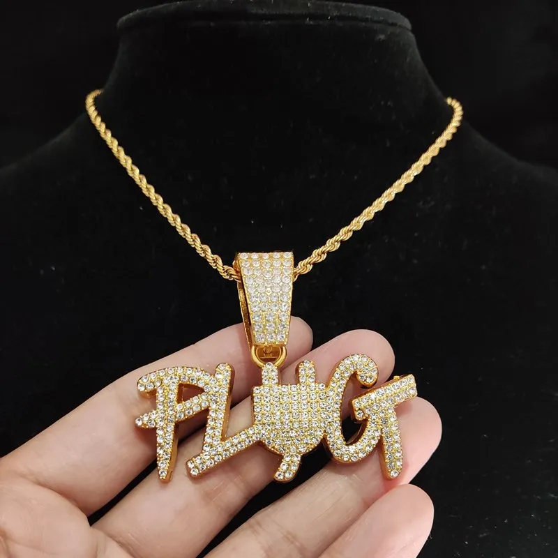 Colliers pendentifs hommes femmes Hip Hop PLUG collier lettre avec chaîne cubaine en cristal de 13 mm HipHop Iced Out Bling Fashion_voghion.com