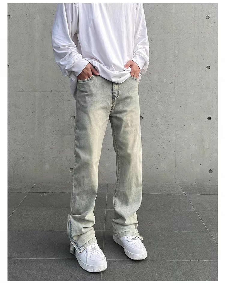 New High Street Washed Used Yellow Mud Dyeing Zipper Split Jeans Men's Straight Tube Casual Micro Pull Pants Trendy_voghion.com