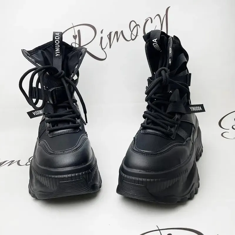 Bottines de moto blanches à plateforme épaisse pour femmes, chaussures vulcanisées à lacets et à boucle, à la mode, pour l'automne_voghion.com