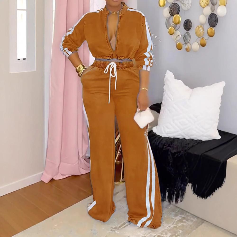 Completo da salotto a righe con coulisse da donna primavera/autunno – Maglia a maniche lunghe e pantaloni con elastico in vita (XS-XXXL) | Comodo completo casual per casa e uscite_voghion.com