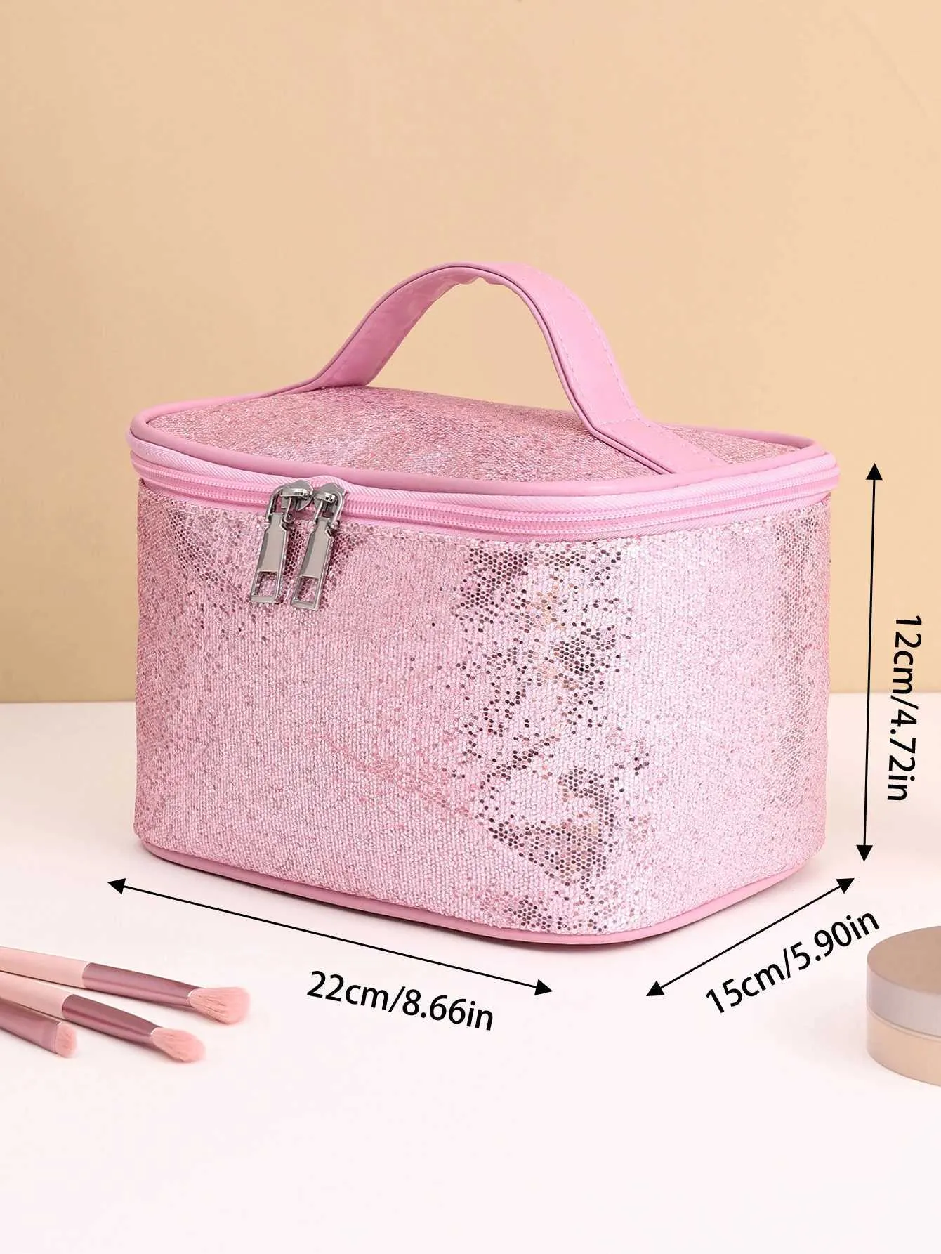 Tragbare, faltbare Make-up-Tasche mit rosa Glitzer Y241023_voghion.com