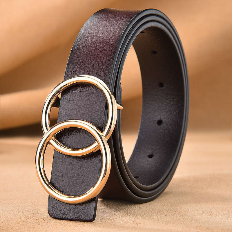 Real Smooth Versatile Double Circle Round Buckle Real Leather Women's Belt_voghion.com