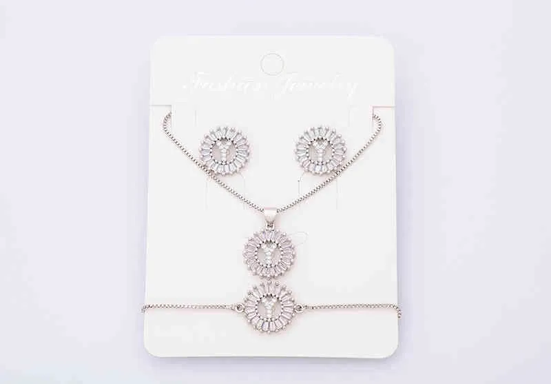 Charm Initial Necklace + Stud Earrings Bracelet Sets Jewelry Copper Zircon White Color A-z 26 Letters Alphabet_voghion.com