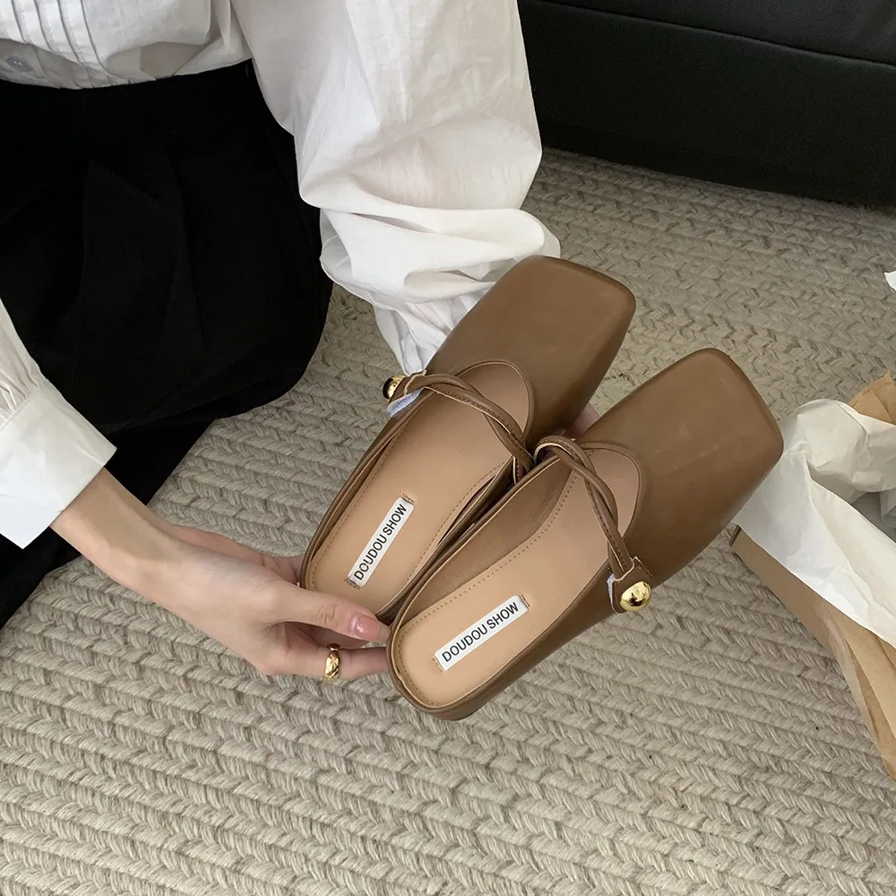 French Flats Slippers Classic Dress Sandal Women Pu Solid Color Square Toe Casual Shoes Size Ss_voghion.com