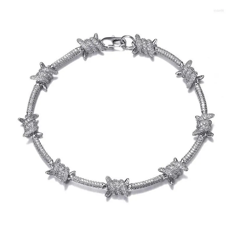 Barbed Wire Link Bracelet With Zircon Stones In White Gold Tone_voghion.com
