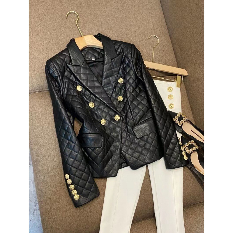 Ropa de mujer Chaqueta de cuero con hombreras cortas negras, traje informal pequeño, chaqueta de traje, chaqueta de cuero sintético para mujer, chaqueta para mujer