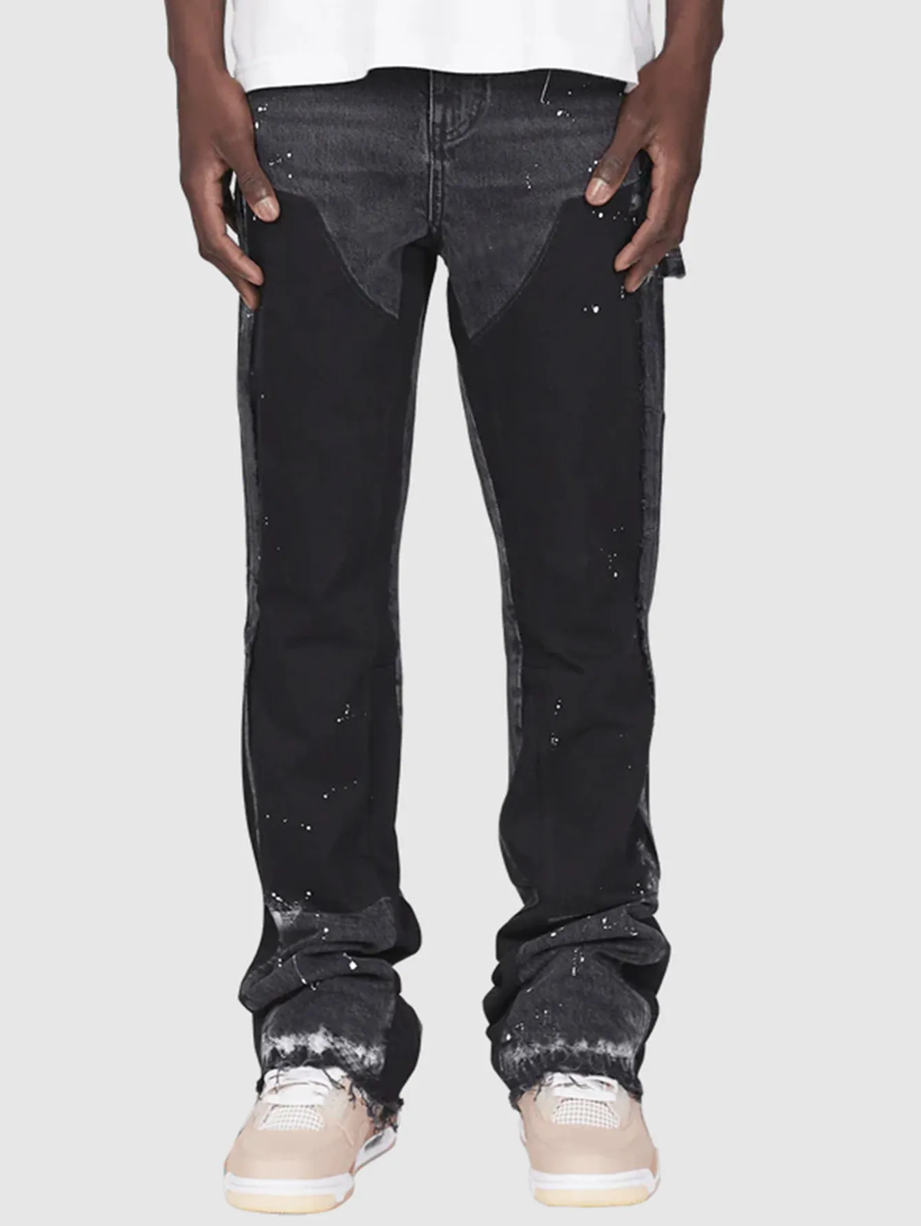 Men's Hand-Painted Flared Jeans - Black With Contrast Color Block Design, Retro Bootcut Trousers, Street Style Denim_voghion.com
