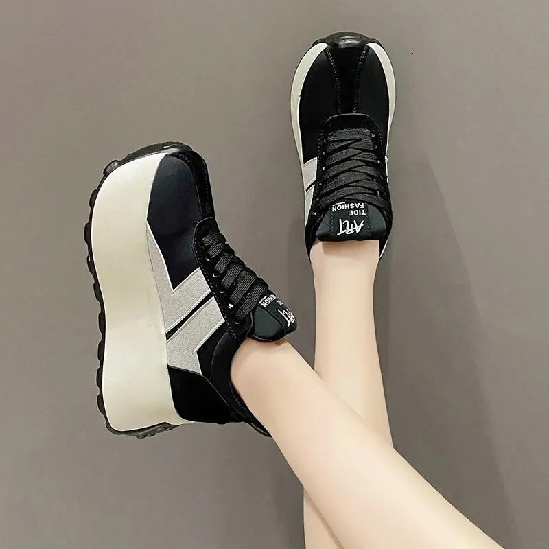 Scarpe sportive casual da donna con tacco alto da 7,5 cm, con zeppa e plateau, in pelle, bianche, comode e robuste_voghion.com