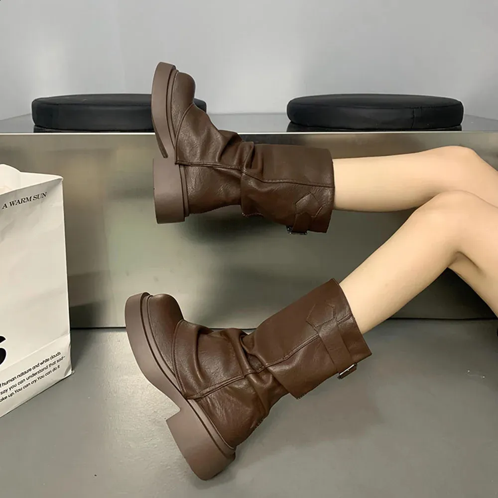 Motorcycle Boots Women Chunky Platform Ankle Boots Punk Buckle_voghion.com