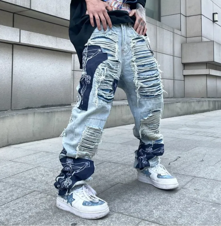 Blugi rupți pentru bărbați, mărimea mare, și pantaloni hip-hop pentru femei, skateboarding, lejer, Y2K, largi_voghion.com