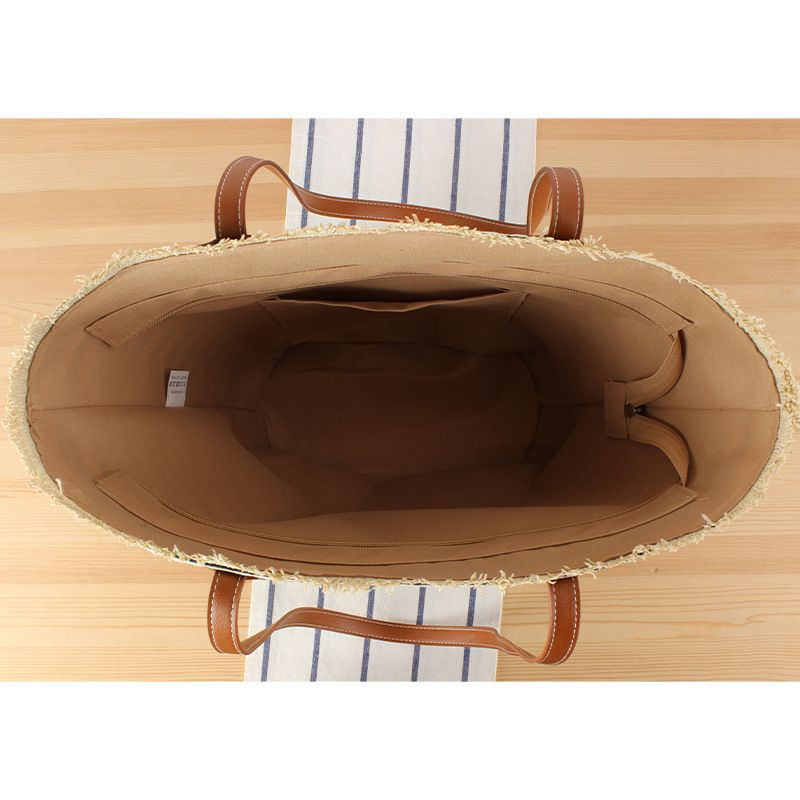 Freizeit Einfache Pendlertasche mit großer Kapazität Strandurlaub Papiergewebte Tasche Gestreifte Umhängetasche_voghion.com