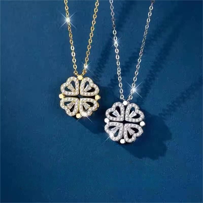 Collana con quadrifoglio a forma di cuore in argento Sterling S per donna, un paio, due paia di cuori piccoli, celebrità di Internet,_voghion.com