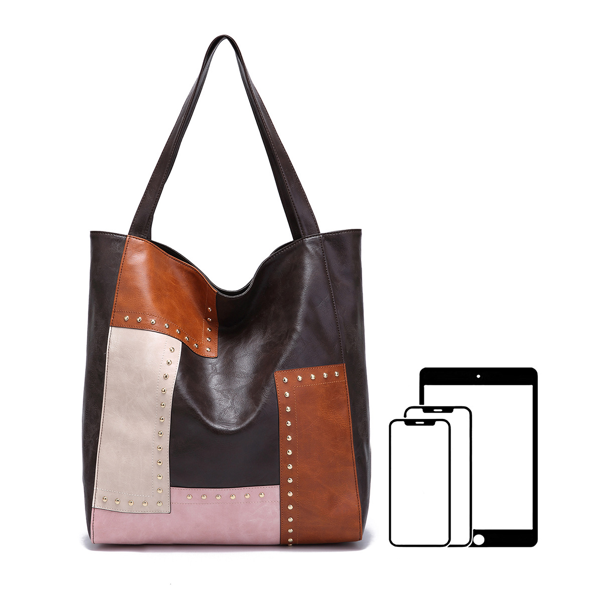 Borsa da donna, stile retrò, con rivetti, cuciture a contrasto, grande capacità, borsa a tracolla da donna_voghion.com