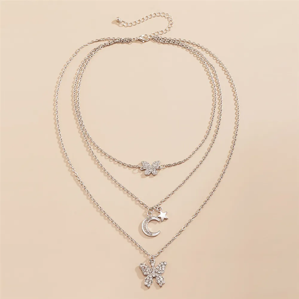 Colliers pendentifs mode bohème plaqué or argent couleur cristal papillon lune étoile collier pour femmes collier ras du cou multicouche_voghion.com