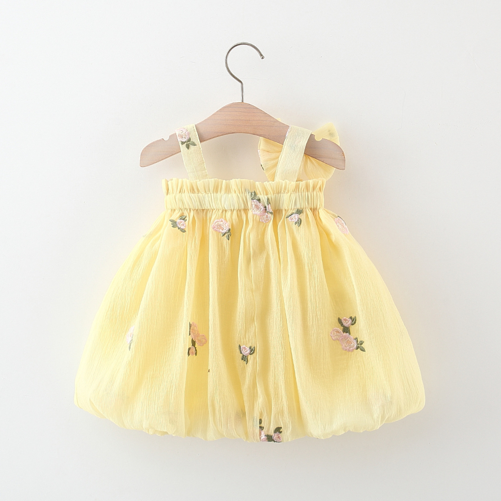 Babymeisje zomer chiffon jurk bloem geborduurd gele jurk Koreaanse stijl kinderkleding_voghion.com