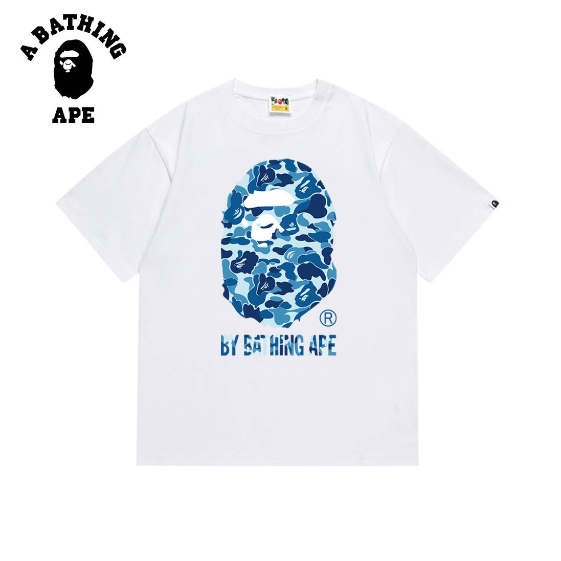 A BATHING APE BAPE-Simpl Navy Blue Ape Head Men’s Short Sleeved T-shirt With Letter Printed Pattern