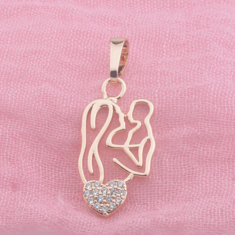 Colliers pendentifs pour femmes et hommes en or rose 585 avec pendentif en forme de cœur en cristal pour mère et bébé_voghion.com