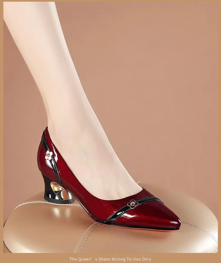Sapatos femininos de couro fino, salto grosso, temperamento versátil, boca rasa, antiderrapante, trabalho, sapatos individuais, sem salto_voghion.com