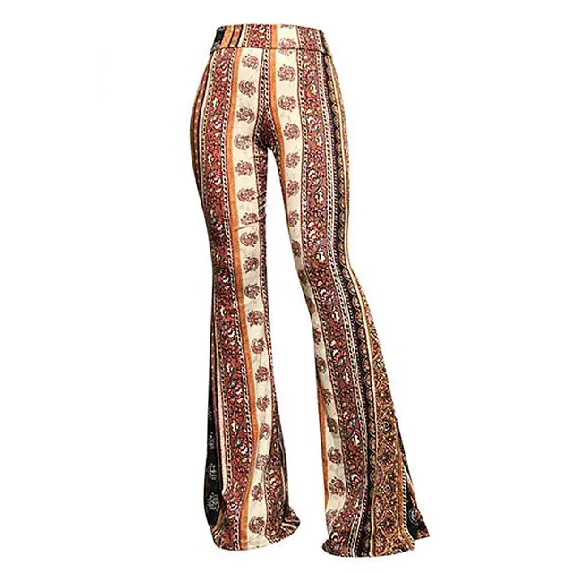 Dámské přiléhavé kalhoty s retro růžovým potiskem, velkým zvonovým dnem a boho potiskem, jarní a letní, s rozšířenými rukávy_voghion.com