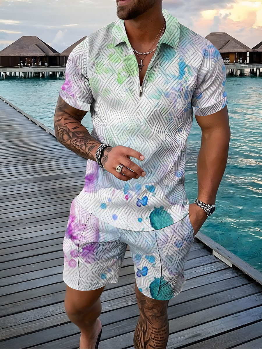 Men's 2pcs, Red Dots Pattern, Trendy Comfy Zip Polo And Plain Drawstring Waistband Shorts Set_voghion.com