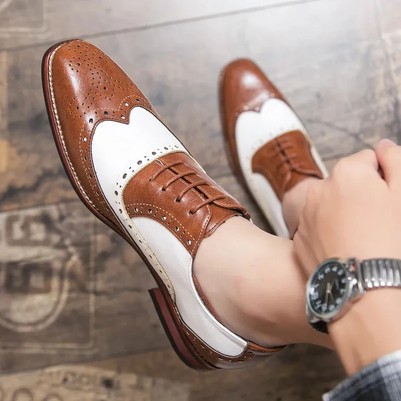 Chaussures de bal de promo en cuir pour hommes, mocassins à lacets, style richelieu, patchwork, noir et blanc_voghion.com