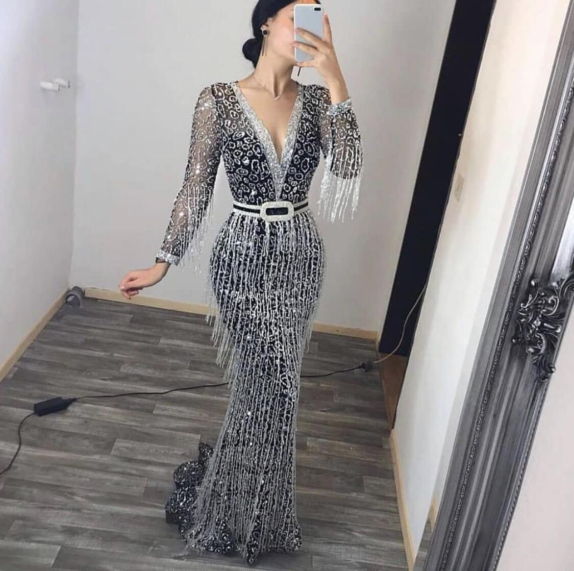 Women’s Clothing women’s new long skirt popular long sleeved sequin tassel dress