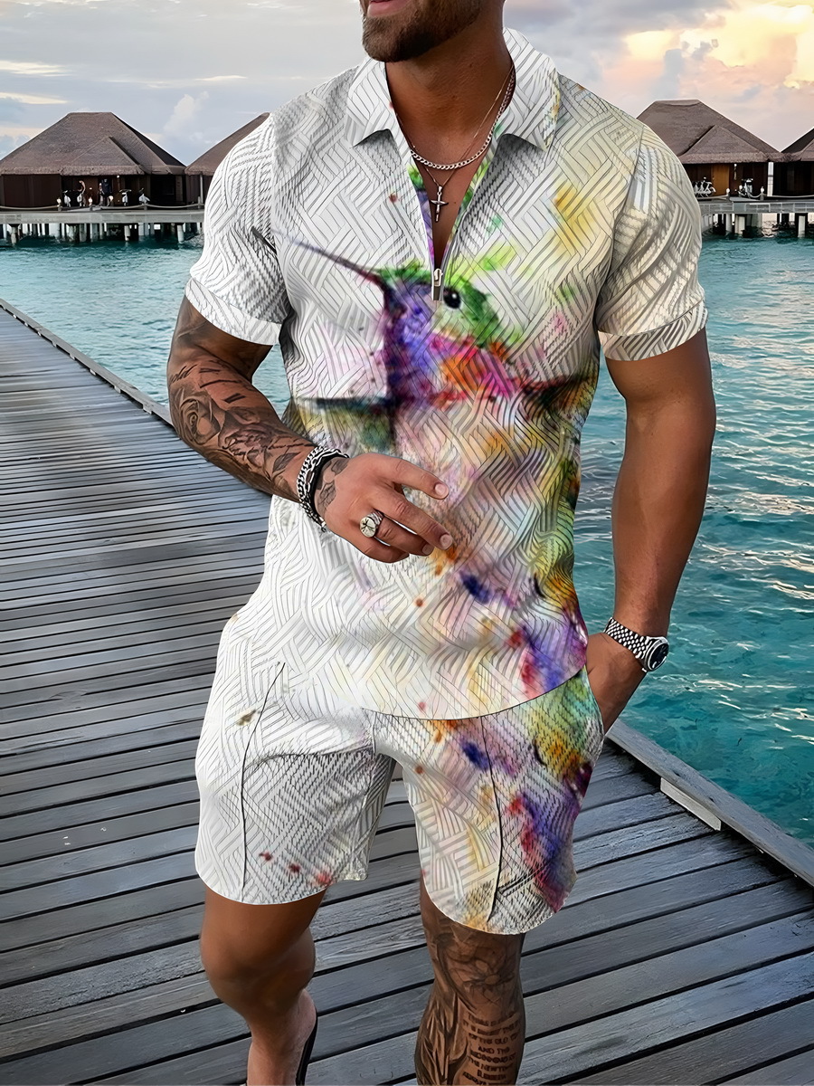 Men's 2pcs, Red Dots Pattern, Trendy Comfy Zip Polo And Plain Drawstring Waistband Shorts Set_voghion.com