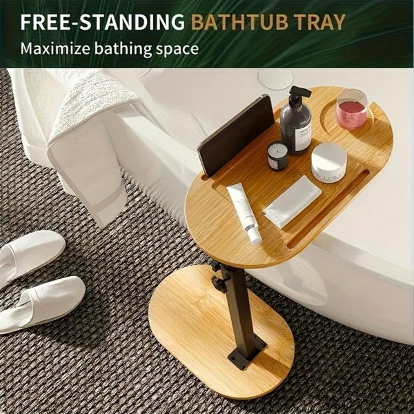 Bamboo Bathtub Tray Table Bath Side Table With Metal Base Adjustable Height, Portable Freestanding Caddy Tray Tub Shelf For Luxury Bath Home Spa Nat_voghion.com