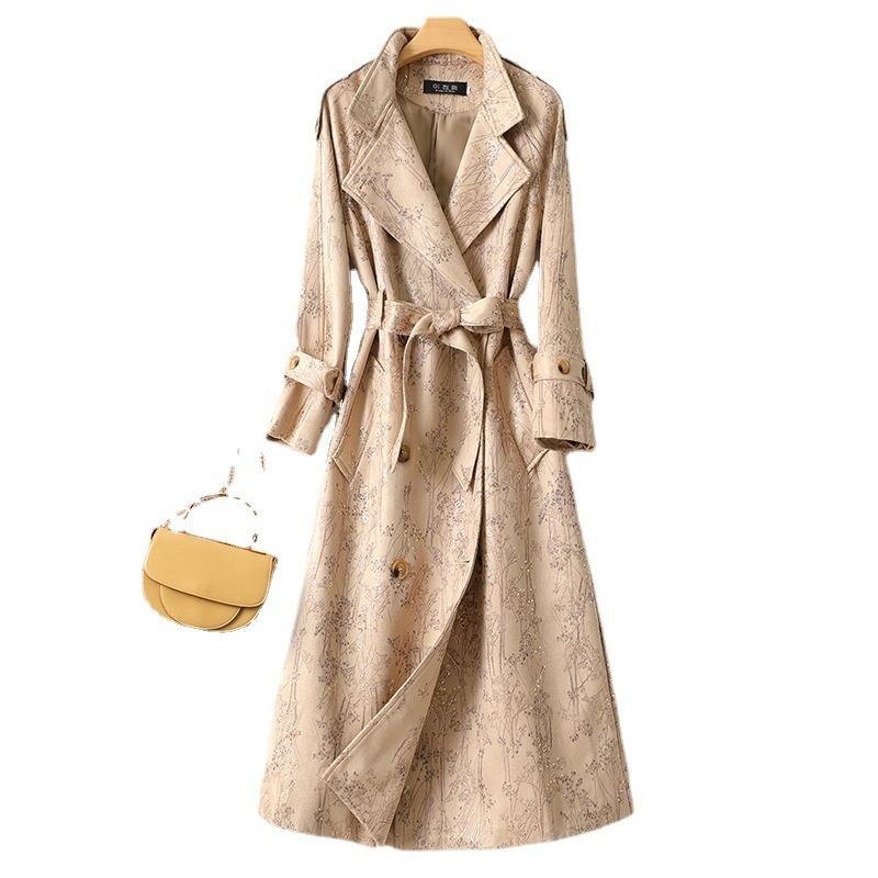Women's autumn new style temperament fashion print over knee long windbreaker 6791_voghion.com