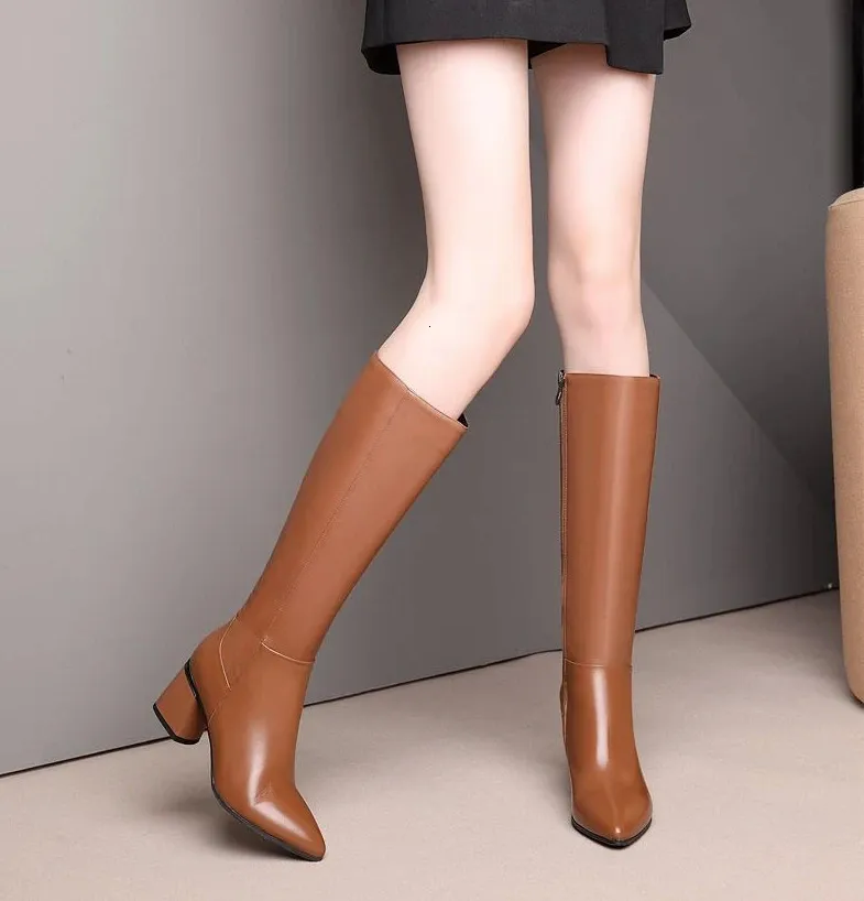 Winter Long Shoes Woman For Knee High Shaft Footwear Leather Womens Boots Fur Brown Pointed Toe Chic And Elegant Fashion_voghion.com